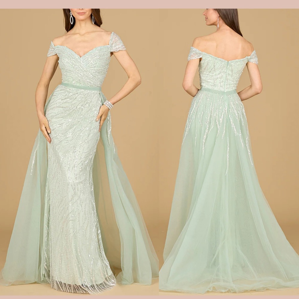 NWT LARA [ 8 ] 29162 Embellished Off Shoulder Overskirt Gown in Dusty Sage J2070